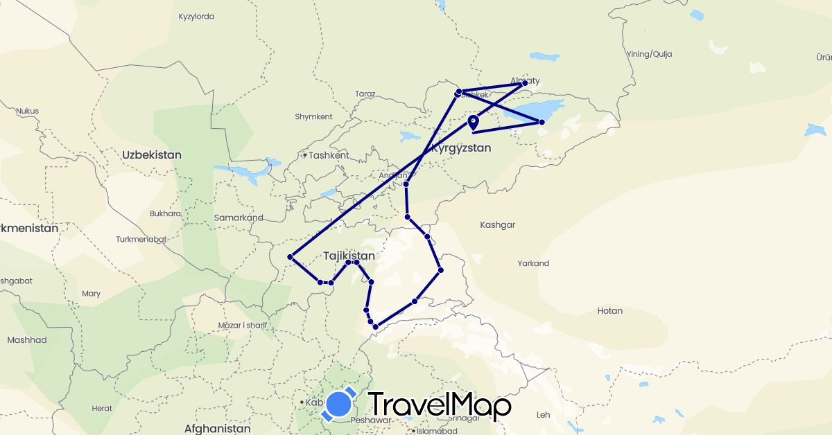 TravelMap itinerary: driving in Afghanistan, Kyrgyzstan, Kazakhstan, Tajikistan (Asia)